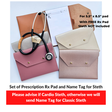 Load image into Gallery viewer, Set of Sleeves for Prescription Pad + Name Tag for Stethoscope
